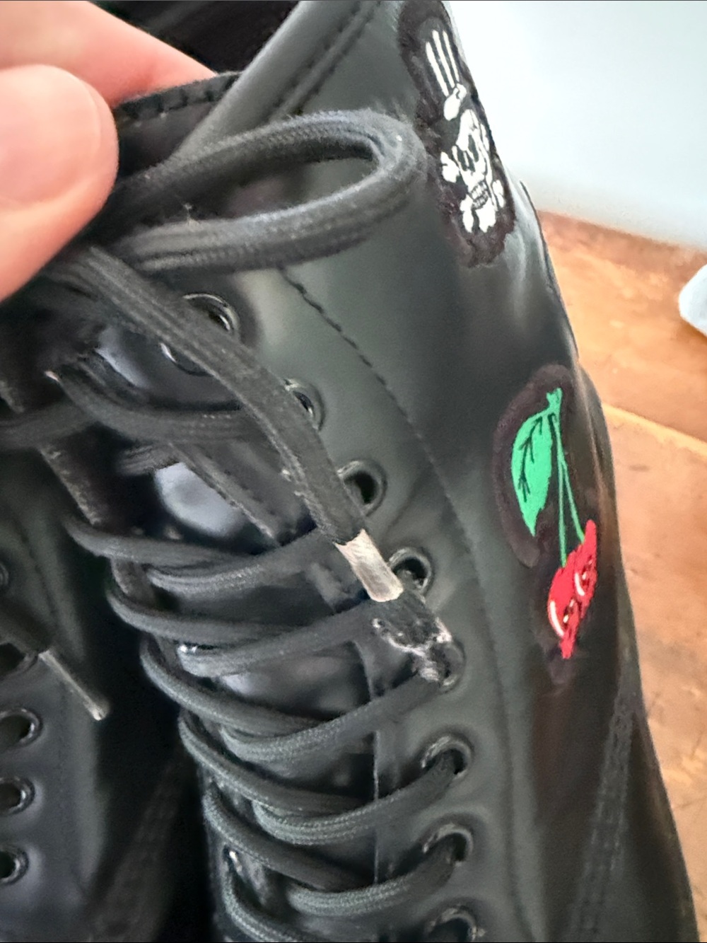 Dr Martens Black Lace-Up Patch Combat Boots - Birds, Cherry & Skull Accents - Picture 7 of 11